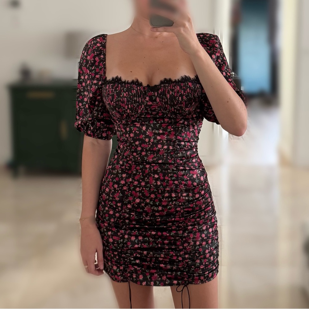 For Love And Lemons Floral Puffy Sleeve Mini Satin Ruched Bustier Dress